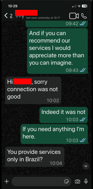 Client WhatsApp testimonial